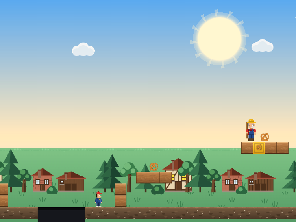 Retro-Jump-and-Run Screenshot aus Welt 1 mit Wiesen, Blöcken, Brezeln und Gegnern