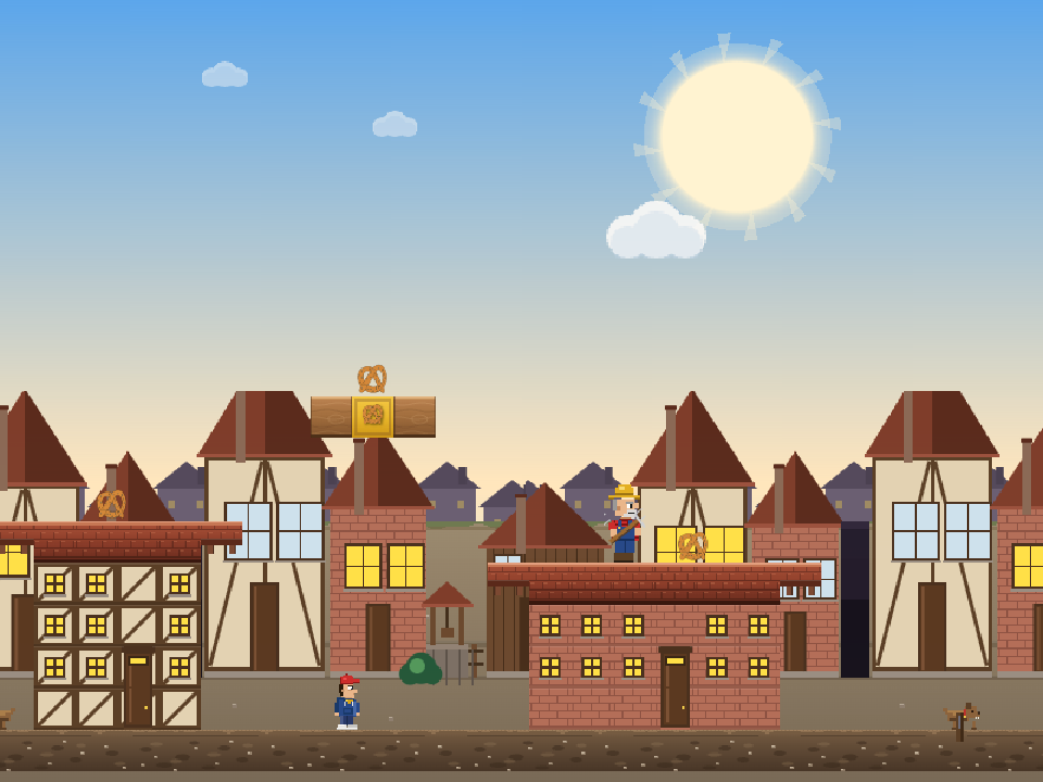 Retro Gaming Screenshot aus dem Dorf mit Häusern, Dächern und Plattformen