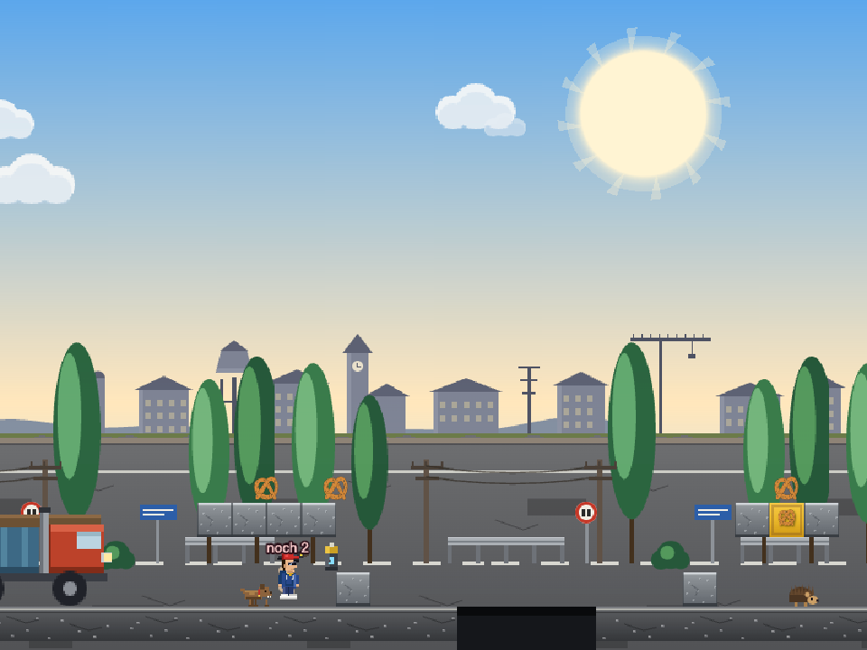 Jump and Run Browsergame Screenshot mit Straße, Lastwagen und fliegenden Gegnern