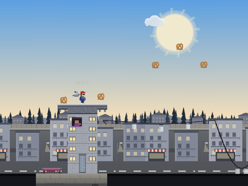 Plattformspiel Screenshot aus der Kleinstadt mit Häusern, Baustelle und Hebebühnen