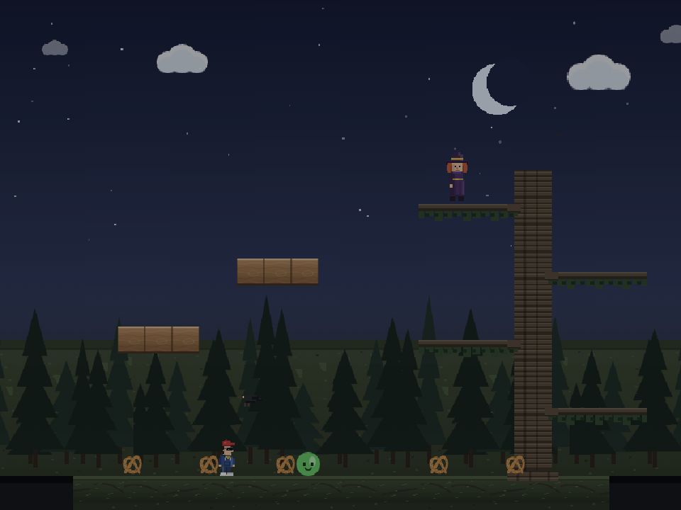 Retro-Spiel Screenshot aus dem dunklen Wald mit Baumplattformen, Brezeln und Hexe